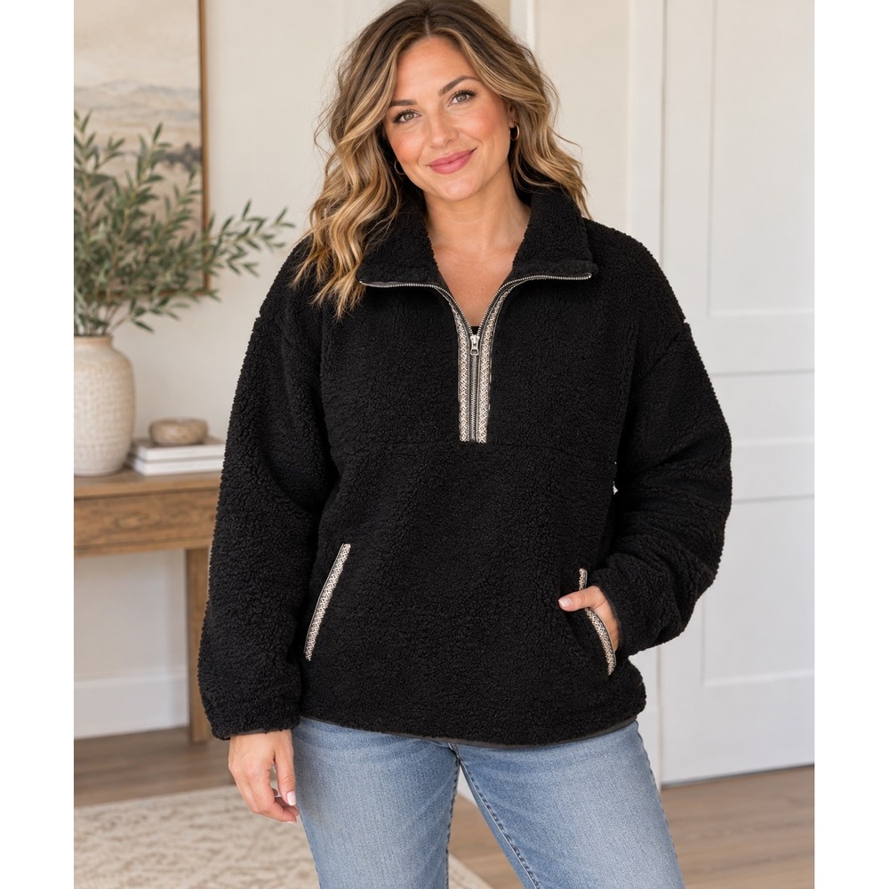 UGG Braid Half Zip Sherpa Fleece Pullover Black XL NWT Cozy Teddy Jacket